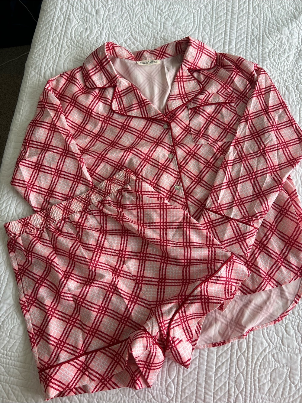 Peach Love California Pink and Red Plaid Pajama Set